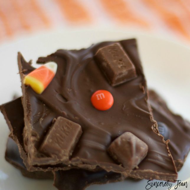 Chocolate bark with Halloween candy, a simple dessert by SincerelyJean.com