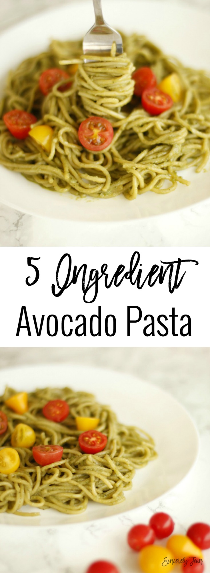 SincerelyJean.com brings you simple five ingredient dinners! Healthy Avocado Pasta
